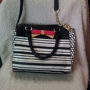 Betsey Johnson Black & White Striped Satchel with Pink & Gold Bow